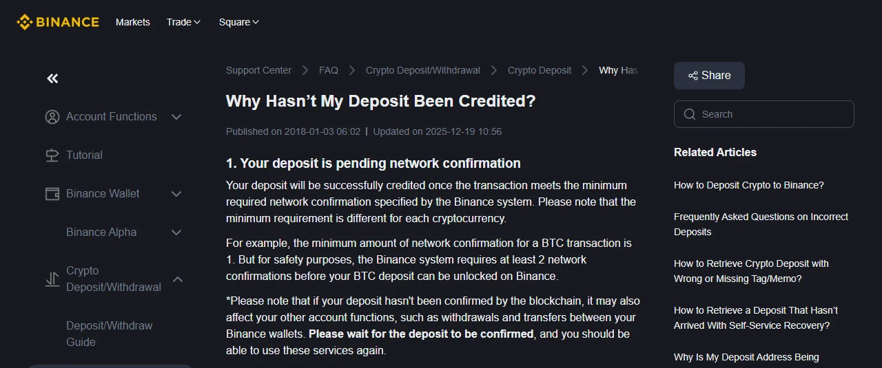 Шарҳи расмии Binance барои пасандози вориднашуда: тасдиқи шабака ва сабти маблағ дар ҳисоб як чиз нестанд