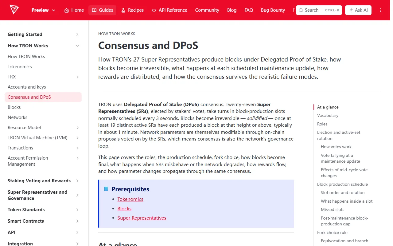 Саҳифаи англисии ҳуҷҷатҳои TRON «Consensus and DPoS»: сарлавҳа ва сархат дар бораи 27 Super Representatives, блок ҳар 3 сония ва ғайриқобили бекор шудани блок пас аз 19 SR, одатан тақрибан 1 дақиқа