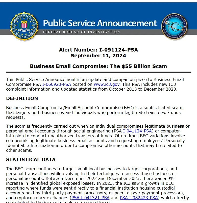 美國 FBI 網路犯罪申訴中心（IC3）公告 I-091124-PSA〈Business Email Compromise: The $55 Billion Scam〉頁面，頁首為公告編號、日期 2024 年 9 月 11 日與定義段落