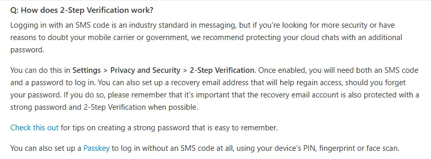 Саҳифаи саволу ҷавоби расмии Telegram: қисми «How does 2-Step Verification work?» бо роҳи Settings > Privacy and Security > 2-Step Verification