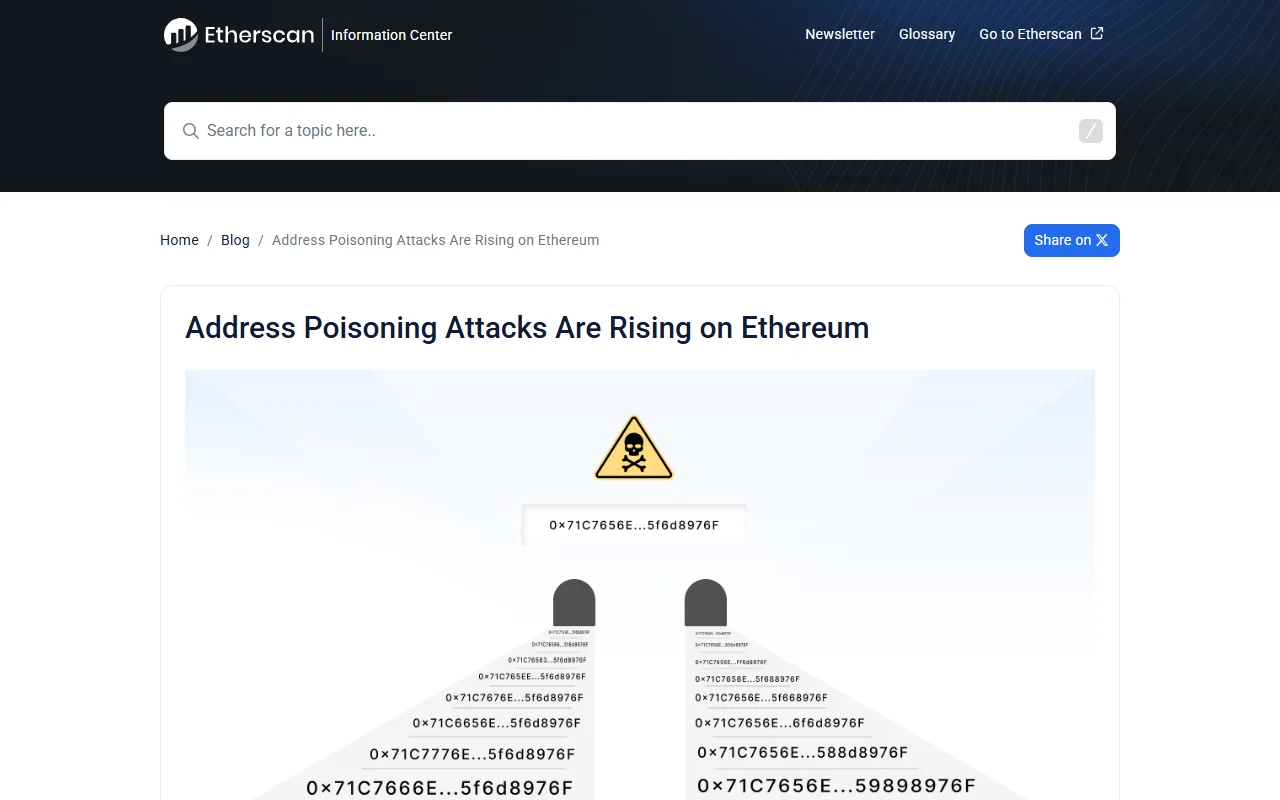 Etherscan 資訊中心〈Address Poisoning Attacks Are Rising on Ethereum〉頁面，配圖列出多個開頭與結尾字元相同、中間不同的仿冒以太坊地址